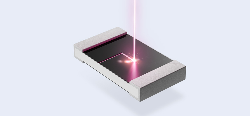 Laser beam hits electronic resistor and generates an L-cut for adjustment