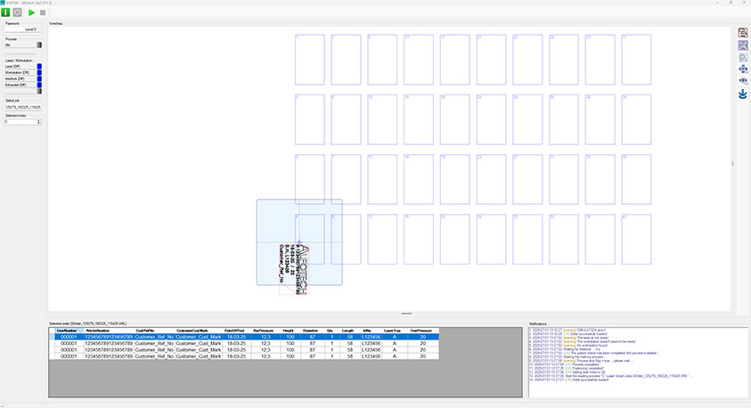 Screenshot der GUI zeigt den geladenen Datensatz für einen Auftrag: vier Auftragszeilen für vier Werkstückpaare