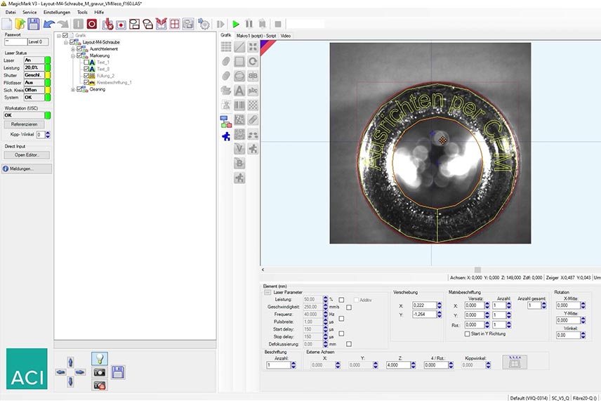 Softwareansicht der Layoutplatzierung vor Lasermarkierung mit CPM in Magic Mark inklusive Parameterübersicht