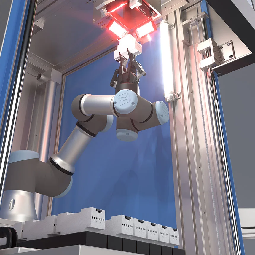 Interior of the laser station Workstation Robotic, robot gripper arm holds top-hat rail housing