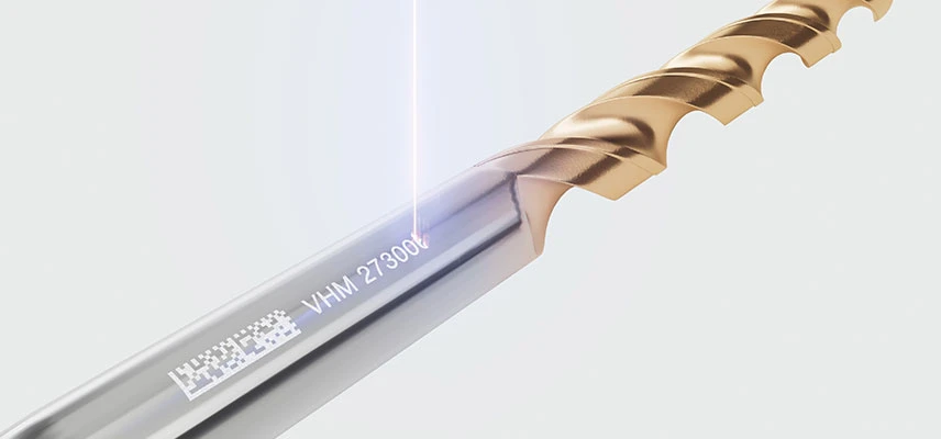 Laser marking of a DataMatrix code and a serial number on the shank of a drill bit