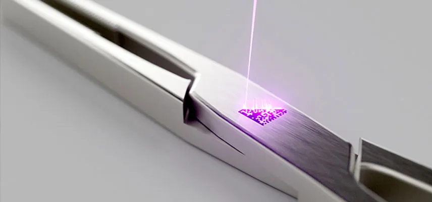 Black marking of a DataMatrix code on stainless steel surgical scissors