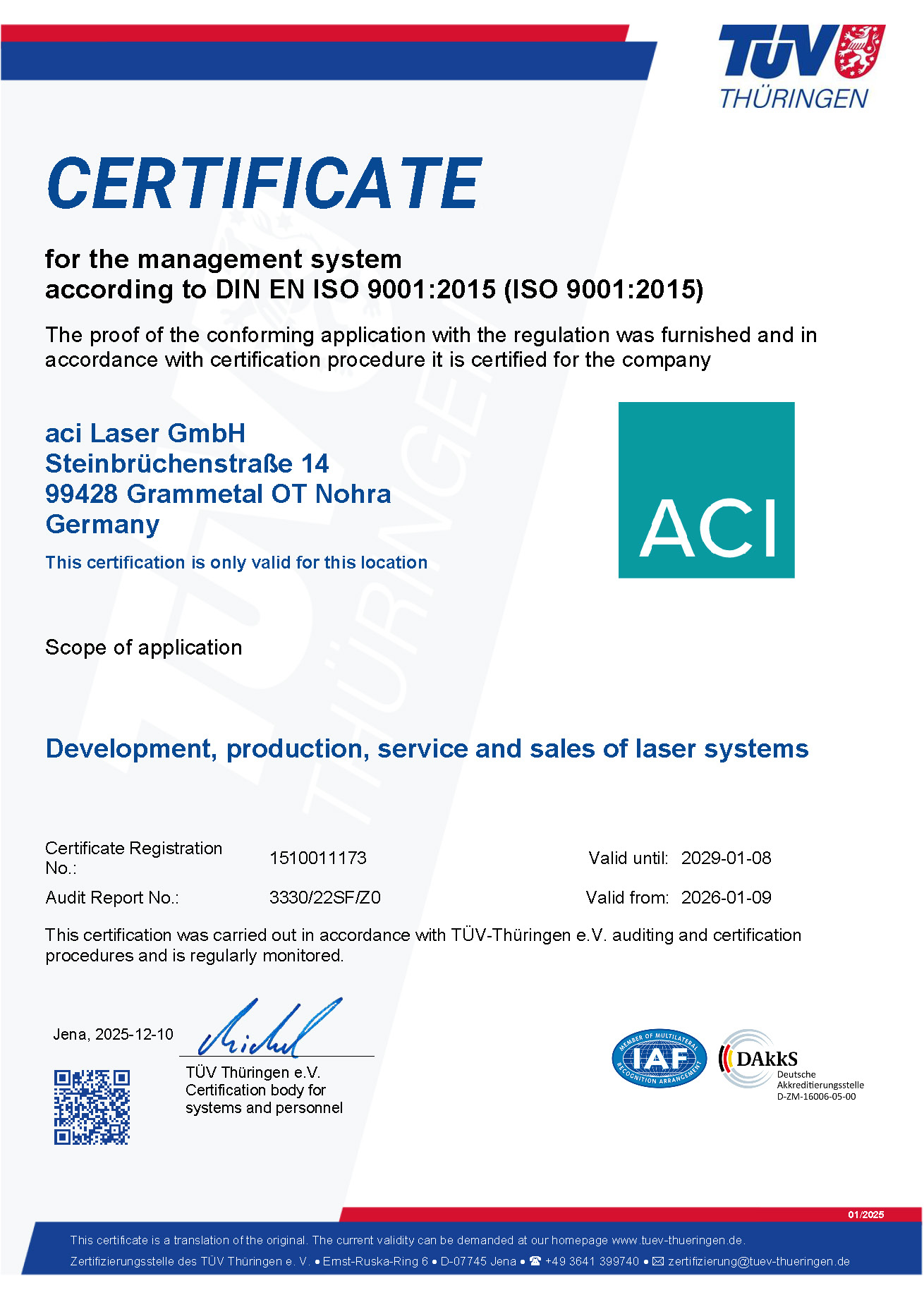 ISO 9001 certificate from ACI Laser GmbH