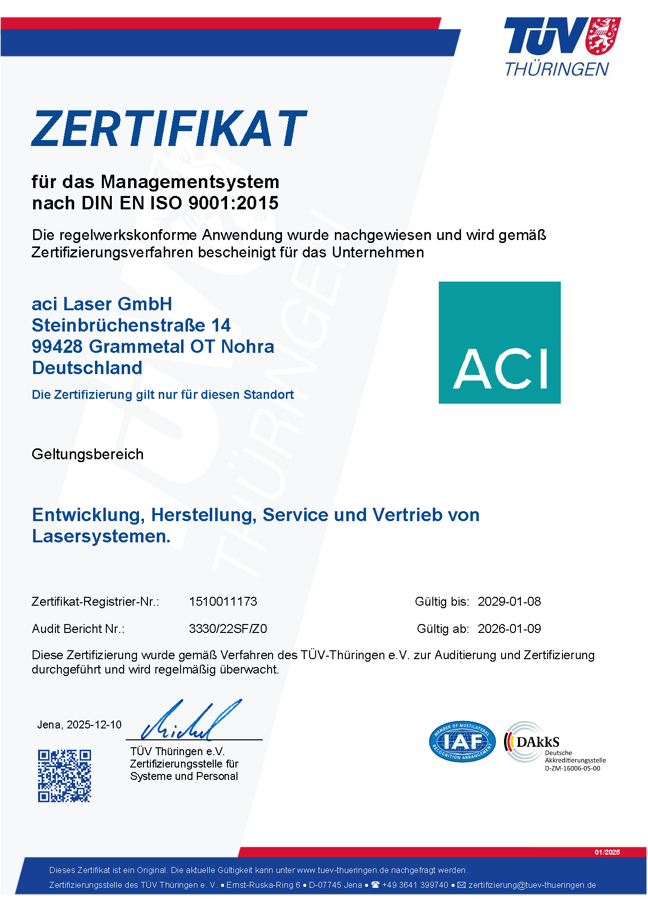 ISO 9001 Zertifikat der ACI Laser GmbH