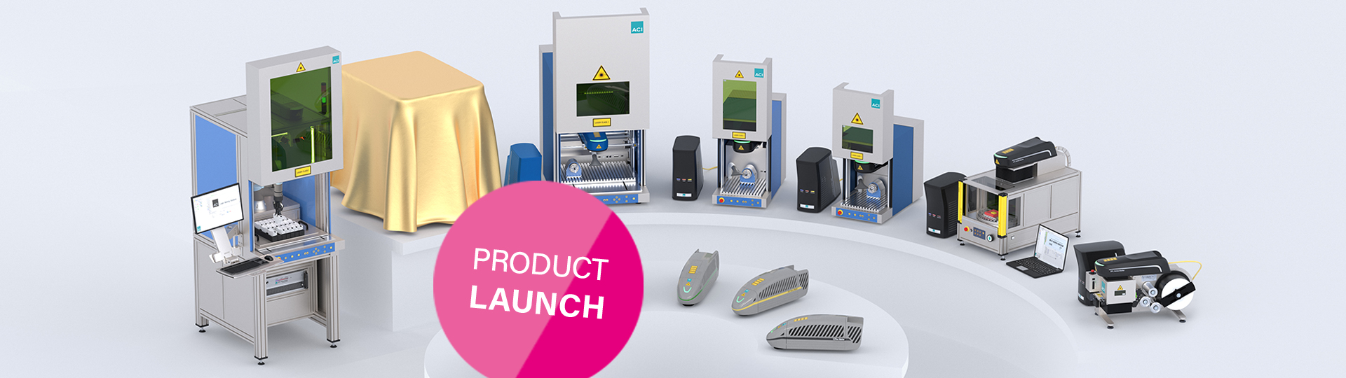 ACI Lasersysteme zur AMB 2026 mit verhüllter Neuheit unter goldenem Tuch und Product Launch