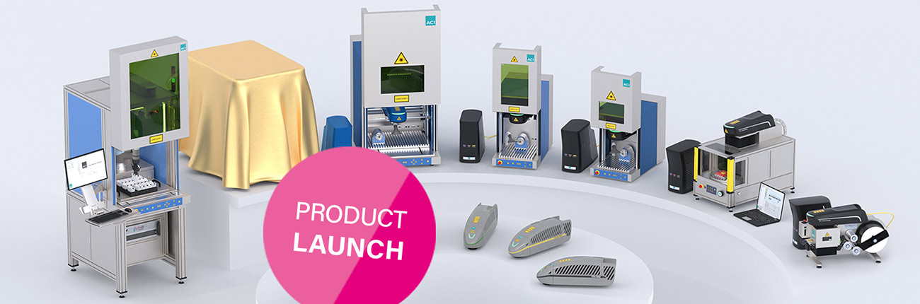 Produktübersicht ACI Laser mit Workstations und Beschriftungslasern sowie verhüllter neuer Workstation Professional - Next Generation